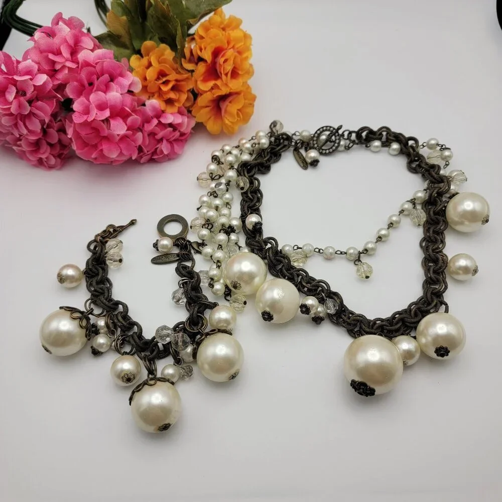 Plunder Statement Pearl Necklace And Charm Bracelet Set White Bronze Tone